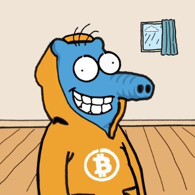 A cartoon illustration features a character with a blue alligator head and an orange hoodie with a Bitcoin '₿' logo, smiling in a room with wooden floors.