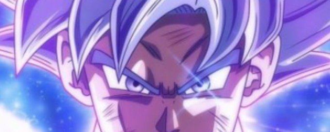 Close-up of an anime character with spiky silver hair and glowing purple aura, appearing to be Goku in Ultra Instinct form from Dragon Ball.