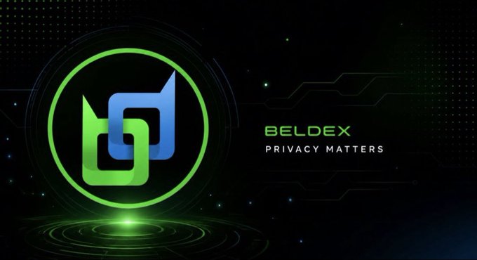 The image features the Beldex logo—an interlocking blue and green design within a glowing green circle—set against a dark, futuristic background with digital particle effects, alongside the tagline "BELDEX PRIVACY MATTERS." This visual reinforces the post's message about Beldex's broad, multi-layered approach to privacy across its ecosystem of BChat, BelNet, and other privacy-focused services.