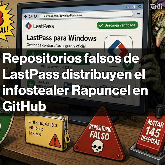 A Spanish-language cybersecurity warning graphic stating 'Repositorios falsos de LastPass distribuyen el infostealer Rapuncel en GitHub,' depicting a fake LastPass download page with a skull warning sign and a goblin-like character.