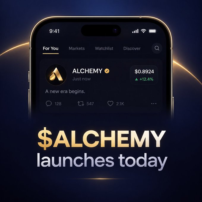 A promotional graphic showing a smartphone displaying a social media post for '$ALCHEMY' with a price of $0.8924 (+12.4%), with large text reading '$ALCHEMY launches today' against a dark background with golden curves.