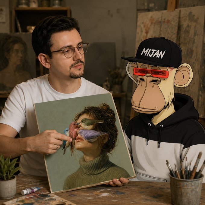 A man with glasses holds up a surreal painting of a woman with birds emerging from her eyes, sitting beside a Bored Ape-style cartoon monkey wearing a "MJJAN" cap and red 3D glasses in an art studio. The image showcases the "unique eye" mentioned in the caption, highlighting the artist's distinctive surrealist style and creative collaboration.