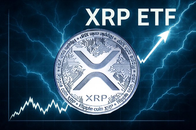 The image features a cryptocurrency logo with an XRP coin symbol and arrows pointing upwards and downwards, illustrating its price movements over time. The background of the image depicts blue and white graphs with arrows representing the fluctuations of the cryptocurrency's value. The text on the image explains that Bitcoin ETFs have been performing well recently, and Ripple has also seen a significant rise in demand. These trends suggest that XRP is growing in popularity as an alternative to traditional cryptocurrencies.