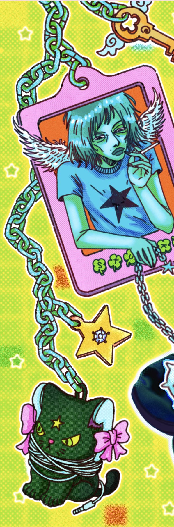 A vibrant, pop-art style illustration features a blue-skinned, green-faced character with wings inside a pink frame, alongside a black cat with a pink bow and various chains and charms on a bright green background.