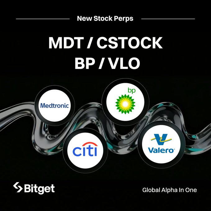 A Bitget promotional graphic announcing new stock perpetual listings with the tickers MDT/CSTOCK and BP/VLO, featuring logos for Medtronic, BP, Citi, and Valero against a black background with the tagline 'Global Alpha In One'.