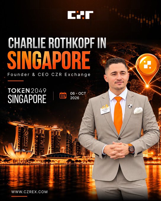 A promotional poster announcing 'CHARLIE ROTHKOPF IN SINGAPORE' for the Founder & CEO of CZR Exchange at TOKEN2049 Singapore on 06-OCT 2026.