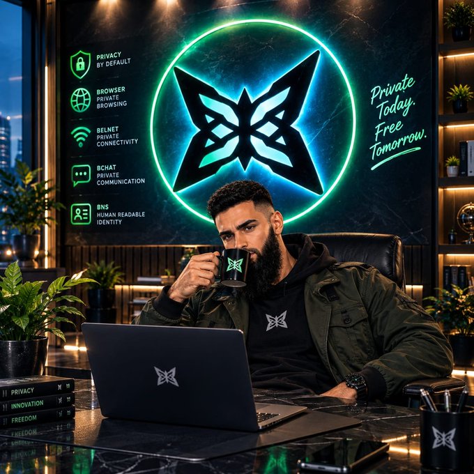 A promotional graphic for a privacy service with a large glowing teal butterfly logo, featuring a bearded man in a green jacket sipping from a branded mug at a desk, with feature icons listing 'Privacy by Default,' 'Browser Private Browsing,' 'BelNet Private Connectivity,' 'BChat Private Communication,' and 'BNS Human Readable Identity,' plus the slogan 'Private Today, Free Tomorrow.'