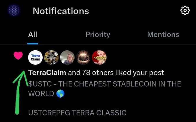 A notifications screen on X (formerly Twitter) shows that "TerraClaim and 78 others liked your post" about "$USTC - THE CHEAPEST STABLECOIN IN THE WORLD," with a green arrow highlighting TerraClaim's profile. This visually supports the accompanying post, which notes that accounts like TerraClaim are engaging with the $USTC and $LUNC community amid TFL's wind-down and BitGo's involvement in the bankruptcy proceedings.