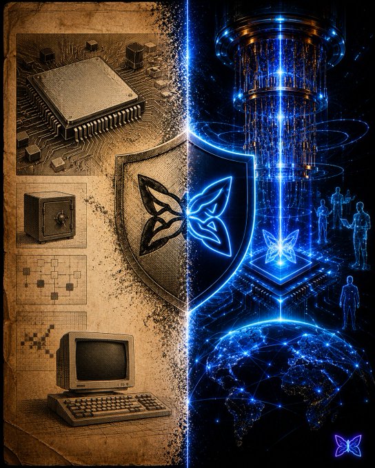 A digital artwork split down the middle, contrasting old technology on the left (a microchip, safe, and computer on parchment) with futuristic blue holographic technology and a glowing shield on the right.