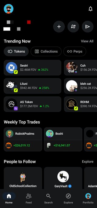 A cryptocurrency trading app interface showing 'Trending Now' with tokens like Sestri (+362%), Liluni (+258%), AS Token (+1.2%), ROHM, CUH, and bleh cat, along with 'Weekly Top Trades' featuring RubickPsalms and Boshi.