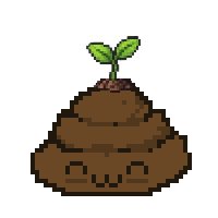 A pixel art illustration of a smiling brown poop emoji with a small green sprout growing out of the top.