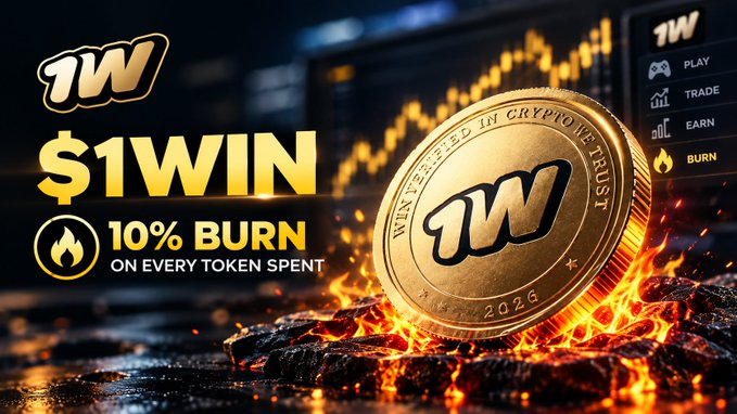 Promotional graphic for $1WIN cryptocurrency featuring a gold token with "WIN EMBEDDED IN CRYPTO WE TRUST 2026" inscribed, advertising 10% BURN on every token spent, with options to Play, Trade, Earn, or Burn.