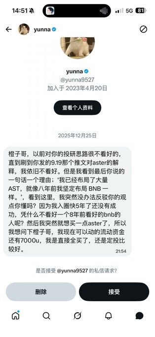 A screenshot of a Chinese messaging app conversation with user "yunna," where a message dated 2025年12月25日 discusses investments in Aster and BNB, mentioning a "7000u" investment amount.