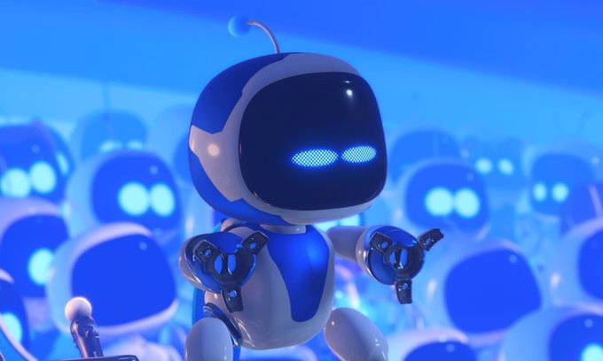 A 3D-rendered blue and white robot with glowing blue eyes and an antenna, surrounded by similar robots in a blue-lit environment, appearing to gesture with its hands.