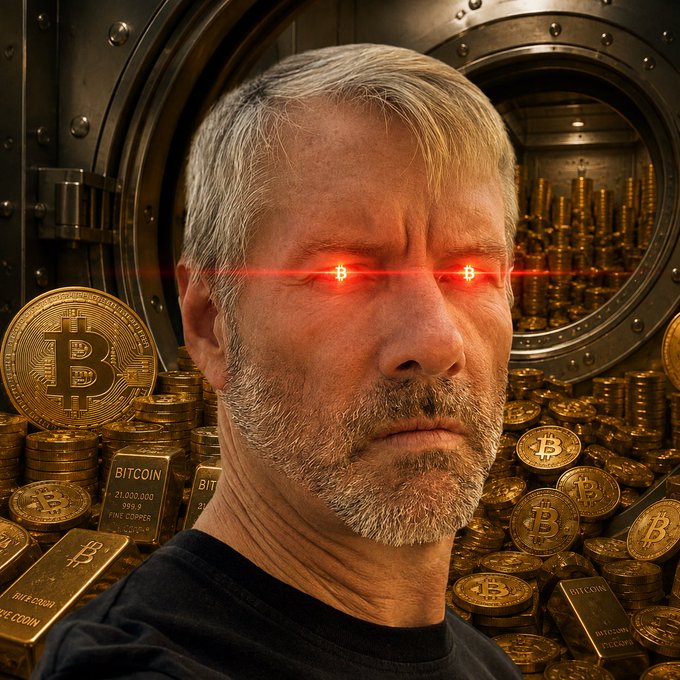An edited image shows Michael Saylor with glowing red laser eyes in front of a vault filled with stacks of Bitcoin coins and gold bars.