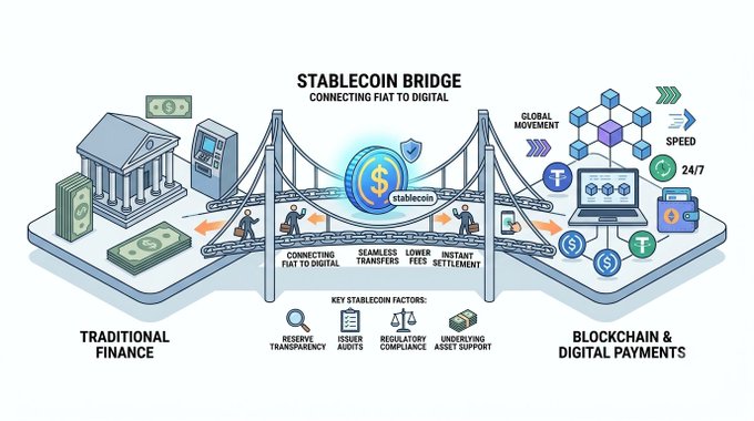 An infographic titled 'STABLECOIN BRIDGE: CONNECTING FIAT TO DIGITAL' showing a bridge between traditional finance and blockchain/digital payments.