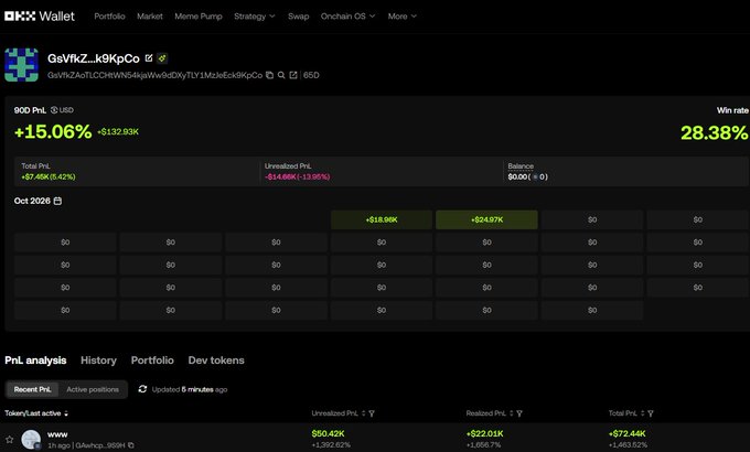 A dark-themed cryptocurrency wallet dashboard showing a wallet address "GsVfikZ...k9KpCo", a PnL of +15.06% ($132.93K), and a win rate of 28.38%, with tabs labeled "PnL analysis", "History", "Portfolio", and "Dev tokens".