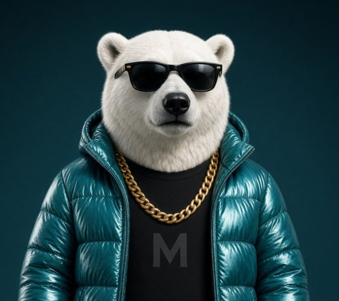 An AI-generated illustration of a white polar bear wearing sunglasses, a gold chain, and a teal puffer jacket.