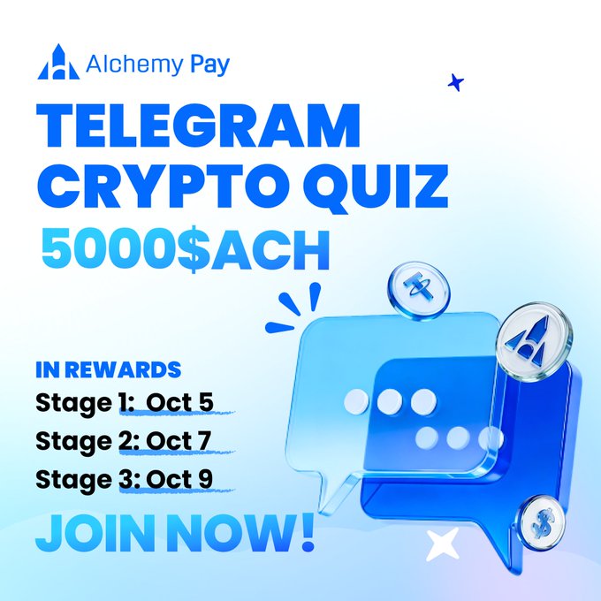 A promotional graphic from Alchemy Pay announces a Telegram Crypto Quiz offering 5000 $ACH in rewards, with three quiz stages scheduled for October 5, 7, and 9. The blue-themed design features the Alchemy Pay logo alongside stylized Telegram chat bubbles and crypto coin graphics, inviting users to join the contest.