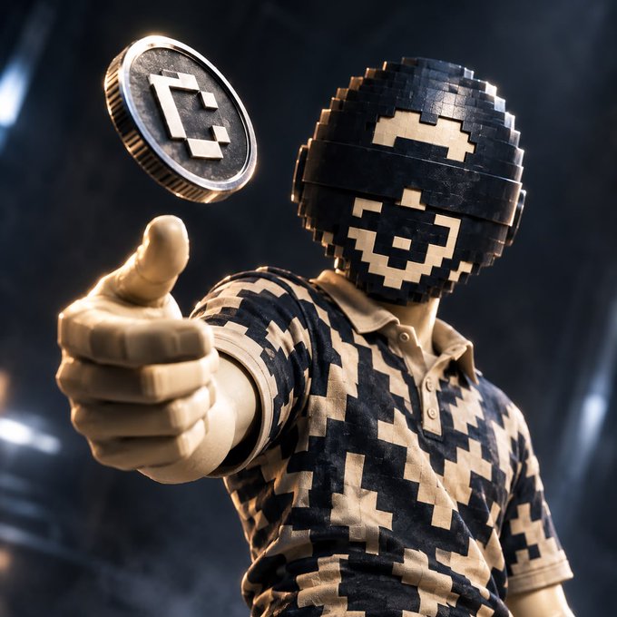 3D-rendered character with a head and clothing made of black and beige pixel/block patterns giving a thumbs-up, with a matching coin floating nearby.