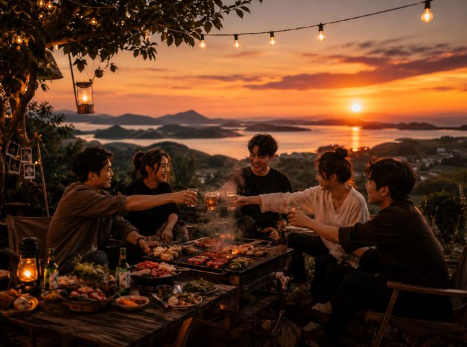 A group of friends gather around a sunset-lit barbecue, clinking glasses and sharing food on a scenic hillside terrace with ocean views. The image contrasts a leisurely, joyful social moment with the post's message about @CNPYNetwork enabling seamless, stress-free blockchain transactions like everyday Web2 experiences.