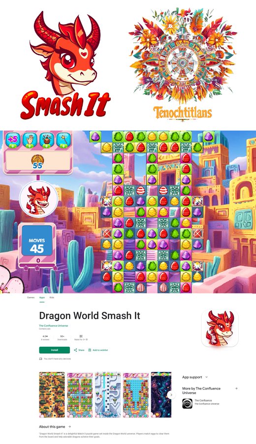 Promotional screenshots for the mobile game 'Dragon World Smash It' by The Confluence Universe, featuring a dragon mascot, a colorful match-3 gameplay board, and app store listings.