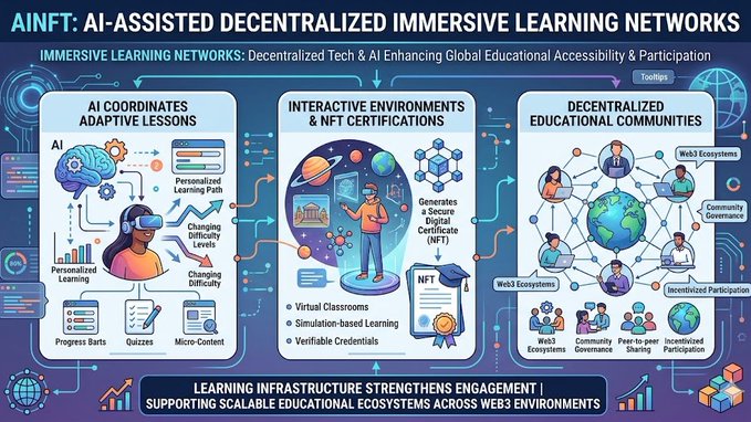 The image features a colorful poster that explains the concept of AI-assisted decentralized immersive learning networks (DILN). The poster displays three different sections, each representing a different aspect of DILN. In the top left section, there are two people wearing virtual reality headsets and holding controllers, symbolizing an immersive learning experience. The middle section shows a person giving instructions to another person using a remote control, indicating that AI is involved in facilitating communication and interaction within the learning environment.

The bottom right section of the poster features a globe surrounded by various icons representing different aspects of DILN, such as virtual reality headsets, controllers, and people interacting with each other. The image also includes text that explains how AI can be used to enhance educational accessibility and participation globally.