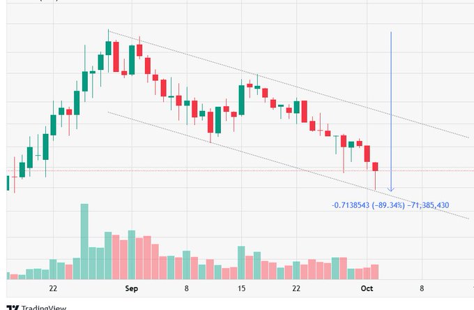 A bearish descending channel pattern on a $NET daily chart, with a Fibonacci extension target marked at -0.7138543 (-89.34%) equating to approximately -71,385,430, illustrating the poster's satirical point about the stock's massive ~90% correction and anticipated further drawdown.