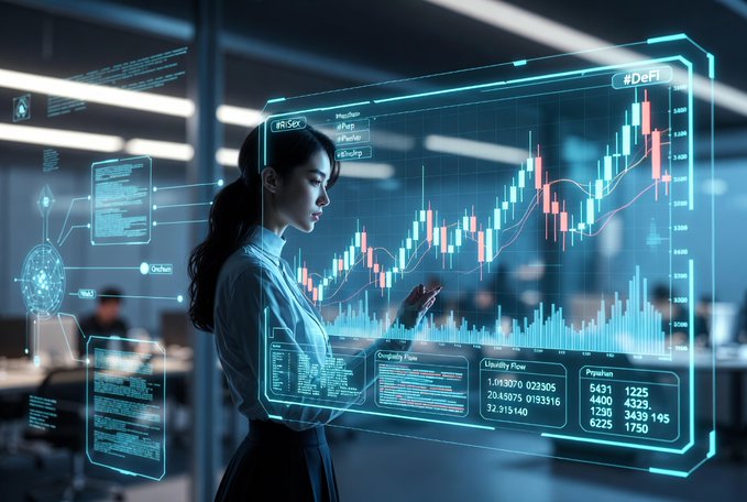 A woman stands in a dark office environment, interacting with a large, glowing blue holographic display of financial stock charts, trading volumes, and data metrics.