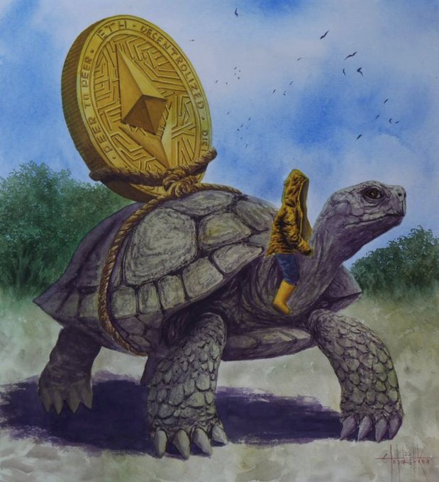 An illustration of a tortoise carrying a large golden Bitcoin coin on its back and a golden figure on its neck, with the text 'VIRES IN NUMERIS' and 'PEER TO PEER' inscribed on the coin.