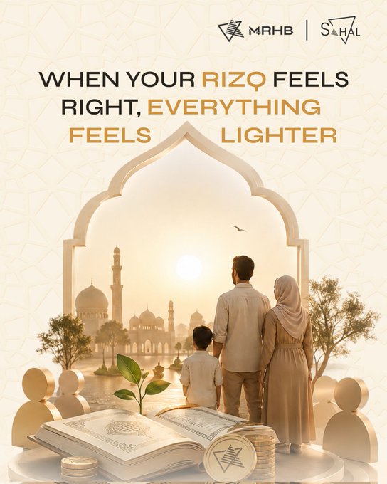 We need to write a concise 1-2 sentence caption describing what is in the image, include key text, numbers, tickers or names visible. Also note the accompanying post about halal wealth; we need to relate image to it.

Image details: top logos: "MRHB | SAHAL". Text: "WHEN YOUR RIZQ FEELS RIGHT, EVERYTHING FEELS LIGHTER". Visual: family (father, mother, child) looking through an arch at a mosque silhouette, sunrise, etc. Foreground: open book (Quran), coins, plant sprout, stylized figures. So caption: something like "The image shows a Muslim family gazing at a mosque through an arch, with an open Quran and coins in the foreground, under the MRHB and SAHAL logos and the tagline 'WHEN YOUR RIZQ FEELS RIGHT, EVERYTHING FEELS LIGHTER'." Need