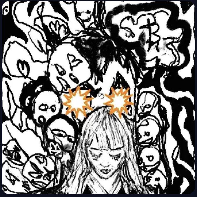 The image features a black and white illustration of a woman with long hair, surrounded by a group of people who appear to be staring at her. The woman has two large eyes and an orange starburst design above them. In the background, there are other people present as well. The caption reads "omb the only ordinals collection to have more than 1 girl in the collection and to me that means something". This suggests that the image is a representation of a girl with long hair who stands out from others due to her unique appearance or the fact that she has an unusually large number of eyes, possibly indicating a condition or a rare genetic trait.
