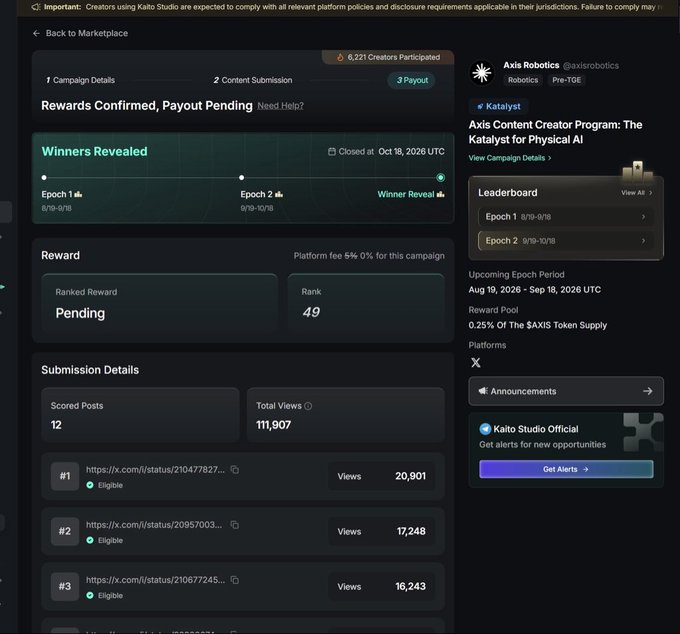 Screenshot of a Kaito Studio campaign dashboard for 'Axis Content Creator Program: The Katalyst for Physical AI' by @axisrobotics, showing reward status pending and rank 49.