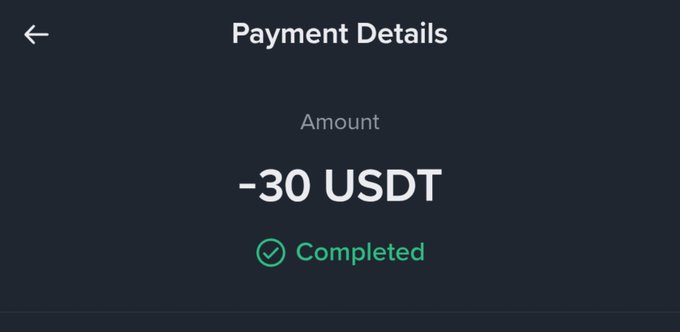 Mobile payment confirmation screen showing "Payment Details" with "-30 USDT" and a green checkmark indicating the transaction is "Completed."