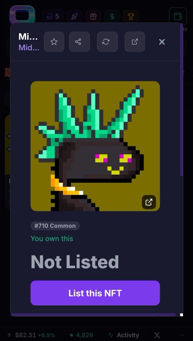 A pop-up showing NFT #710 (Common) from the Midzard collection, featuring a pixel art character with spiky teal hair, pink eyes, and an orange collar against an olive background. The interface displays "You own this" and "Not Listed" with a purple "List this NFT" button, matching the post about purchasing this MidEvilsNFT character on OrbisOnSOL.