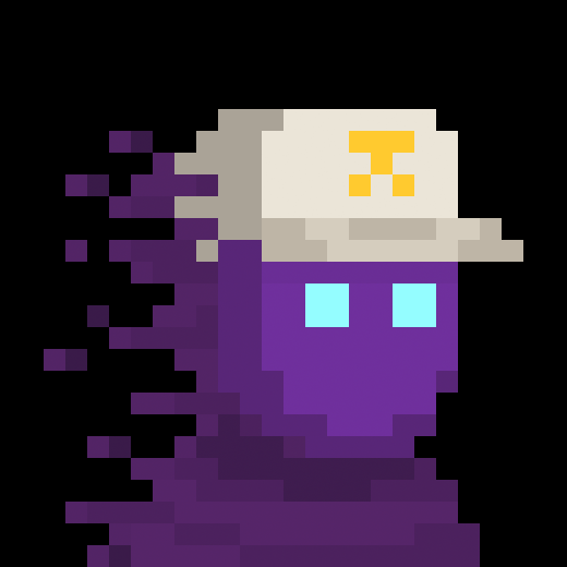 A pixel art ghost-like character in purple with glowing cyan eyes and a white hat featuring a yellow "T" symbol, appearing to dissolve into particles on the left side, suggesting a "rarity reveal" tease.
