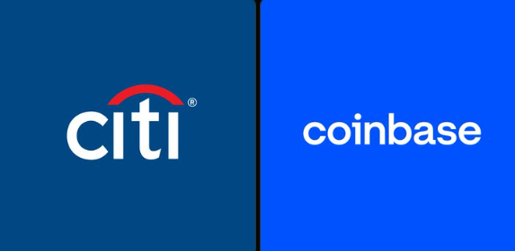 The image displays the Citi logo (with its signature red arc) on a navy blue background alongside the Coinbase logo on a bright blue background, visually representing the newly announced partnership between the $2.8 trillion banking giant Citi and crypto exchange Coinbase $COIN to facilitate institutional onchain payments via stablecoins.