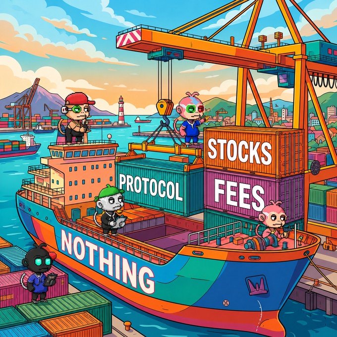 A vibrant cartoon illustration shows a cargo ship labeled "NOTHING" docked at a port, being loaded by monkeys with cranes, featuring shipping containers marked "PROTOCOL," "STOCKS," and "FEES," while another monkey holds a clipboard nearby. The image visually represents the post's message about the MonkeyHood community shipping all components of the $NOTHING token ecosystem—NFTs, token, platform, and community—together under one roof on Robinhood.