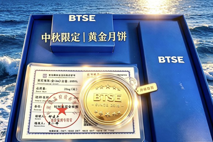A luxurious gold "mooncake" minted by BTSE — labeled "BTSE - SINCE 2018" and stamped with five stars — sits in a blue presentation box beside an official certificate certifying 20g of 999.9 fine gold, alongside the text "中秋限定 | 黄金月饼" (Mid-Autumn Limited | Gold Mooncake). The image visually confirms the post's celebration of BTSE's premium Mid-Autumn Festival gift, showcasing both the creative packaging and the genuine gold content referenced.