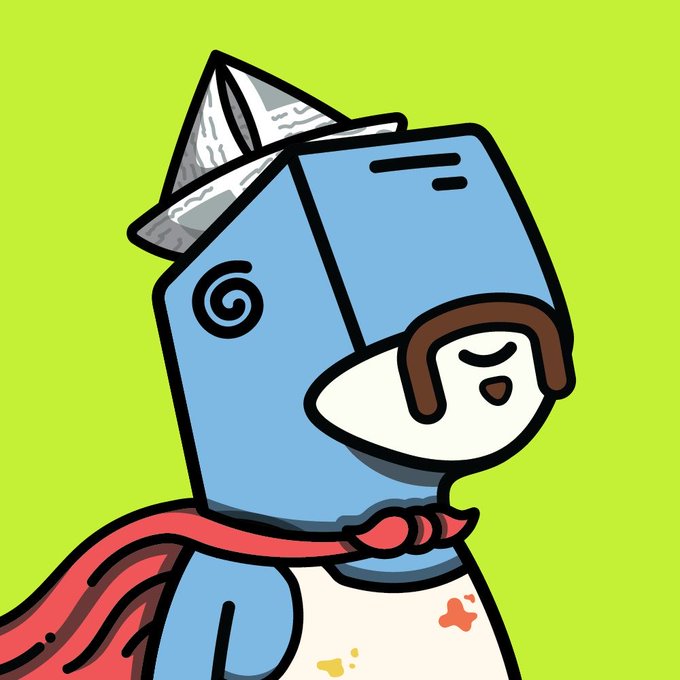 A cartoon illustration of a blue milk carton character wearing a paper hat and red cape, with a small smiling face peeking out, set against a bright green background.