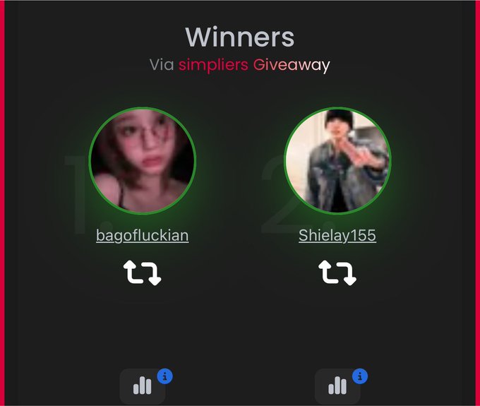 Winners announcement screen from a Simpliers Giveaway showing two winners with circular profile pictures: bagofluckian (1st place) and Shielay155 (2nd place).