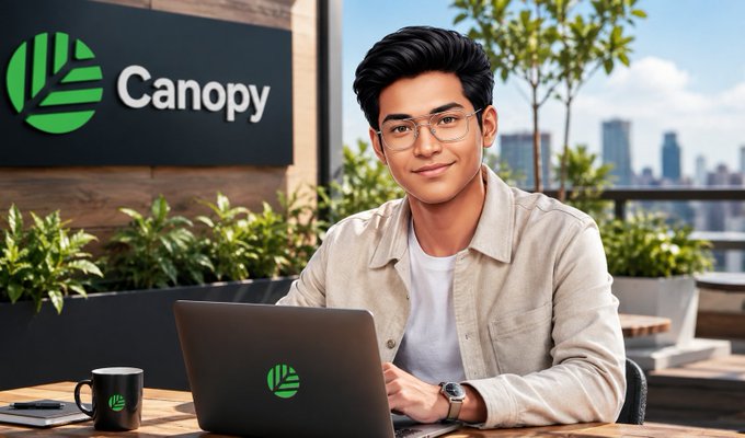 An image of a young man wearing glasses and a tan jacket sitting at a desk with a laptop, with a "Canopy" logo sign visible on the wall behind him.
