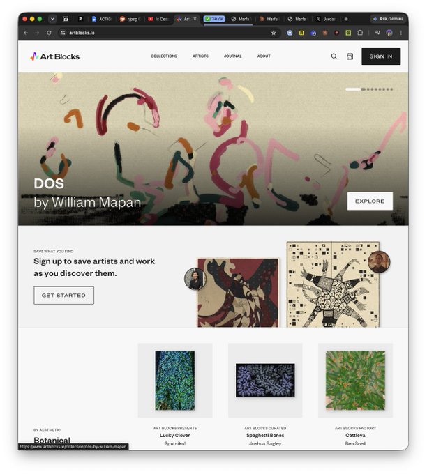 Screenshot of the Art Blocks website homepage featuring generative artwork 'DOS by William Mapan', with navigation for Collections, Artists, and curated art pieces.