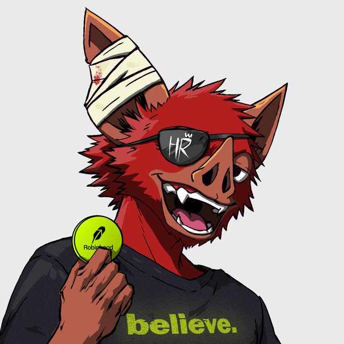 A cartoon red wolf character with a bandaged ear wears sunglasses marked 'HR' with a crown, grinning to show fangs while holding a green button labeled 'RobinHood' and wearing a shirt reading 'believe.'