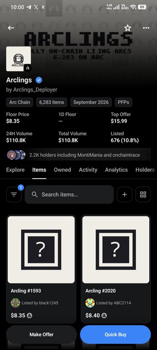 A mobile screenshot displays an NFT collection page titled 'Arclings' with a floor price of $8.35 and top offer of $15.99, showing listings like 'Arcling #1593' and 'Arcling #2020'.