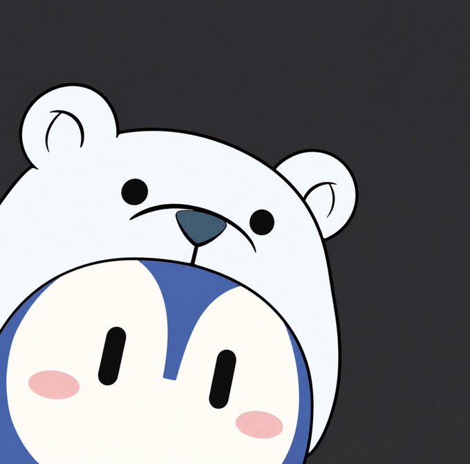 A digital illustration shows a white polar bear character peering over a round, blue and white mascot with pink cheeks against a dark background.