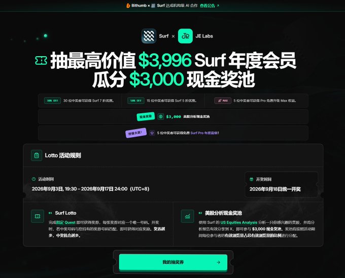 Bithumb promotion for Surf x JE Labs Lotto event offering a maximum $3,996 Surf annual membership and $3,000 cash prize pool, running from September 3 to September 17, 2026.