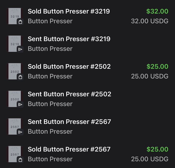 A list of NFT transactions for 'Button Presser' items (#3219, #2502, #2567) showing sold and sent statuses with prices ranging from $25.00 to $32.00 in USDG.