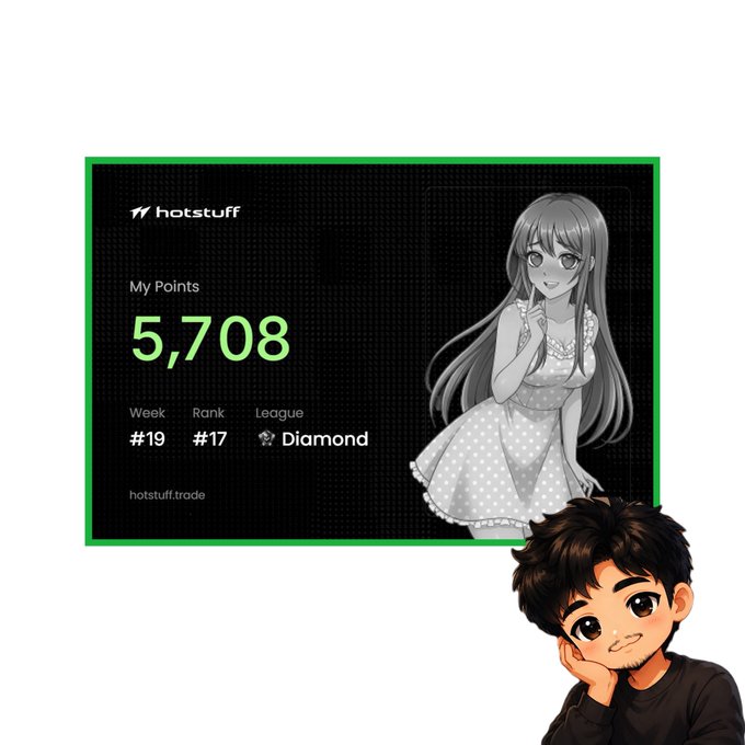 A chibi-style character poses beside a Hotstuff dashboard showing 5,708 points, Week #19, Rank #17, and Diamond league status, visually celebrating the trader's achievement highlighted in the post.
