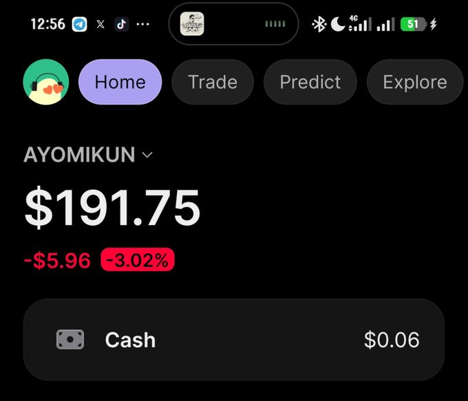 A screenshot of a financial app showing a portfolio named "AYOMIKUN" valued at $191.75, down $5.96 (-3.02%), with a cash balance of $0.06, likely displaying recent betting/gambling winnings from MetaWin as referenced in the post.